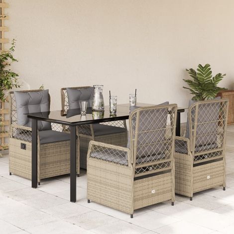 Salon de jardin 5 pièces en polyrotin beige avec coussins, table en verre et 4 fauteuils inclinables - PANGIVO (1/5)