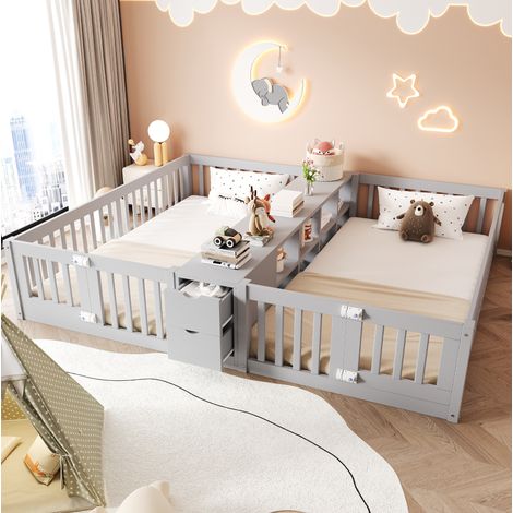 Bett für Kinder modern 2x90x200 cm Holz grau, mit hohen Gittern, 2 Schubladen und Mittelregal (1/5)