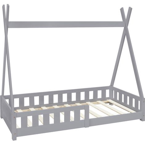 ML-Design Kinderbett Tipi 80x160 cm Hellgrau mit Rausfallschutz und Lattenrost, Kiefernholz, Indianer Bett für Mädchen & Jungen, Hausbett mit Zaun, Bodenbett Kinderhaus Jugendbett Spielbett Zelt