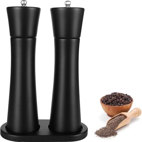 Macina sale e pepe con supporto in legno di faggio, macina pepe manuale, confezione da 2 macina sale e pepe, macina sale e pepe con vassoio per barbecue, cucina, ristorante (1/5)