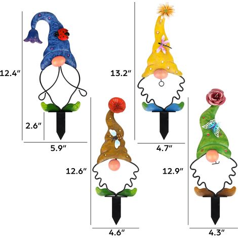 Garden Gnomes Decorations for Yard Decorative Stake Decor Art Outdoor Metal Sculpture Figurines for Patio Outside Lawn Pathway Ornaments 4 Packs