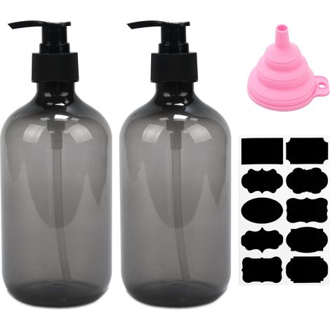 Lot de 2 distributeurs de savon liquide 500 ml - Flacons à pompe pour savon, gel douche, shampoing et lotion - avec entonnoir et étiquettes - gris (1/5)