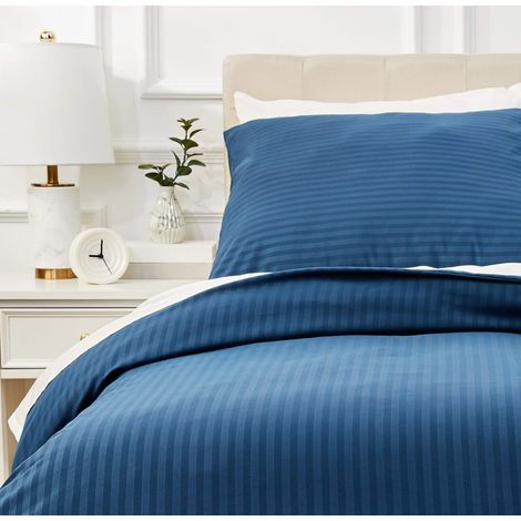 Parure de Lit 1 Personne 2 Pièces en Microfibre, Housse de Couette 135 x 200 cm et 1 Taie d'oreiller 80 x 80 cm, Bleu Marine Rayé (1/5)