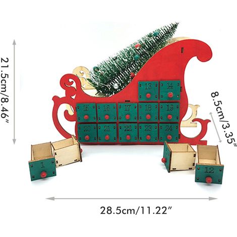 Calendrier de l'Avent en bois en forme de traîneau et sapin de Noël, 24 tiroirs avec lumière LED, décoration de fête de Noël (1/5)