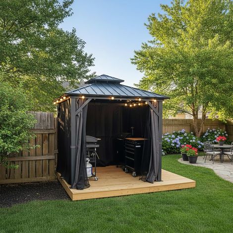 PURPLE LEAF Pergola de Jardin Extérieur Économique, Tonnelle Hardtop avec guirlande LED, Pavillon en Aluminium, Gazebo à Toit Double en Acier Galvanisé, Moustiquaire et Rideaux, 2.4 x 2.4 m, Gris