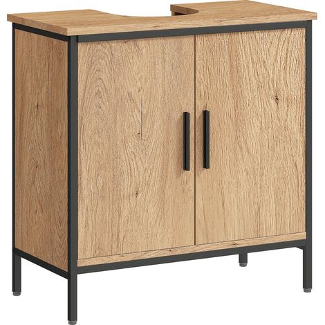 Meuble sous lavabo, meuble de salle de bain avec 2 portes et étagère réglable, style moderne, 60 x 30 x 60 cm, chêne (1/5)