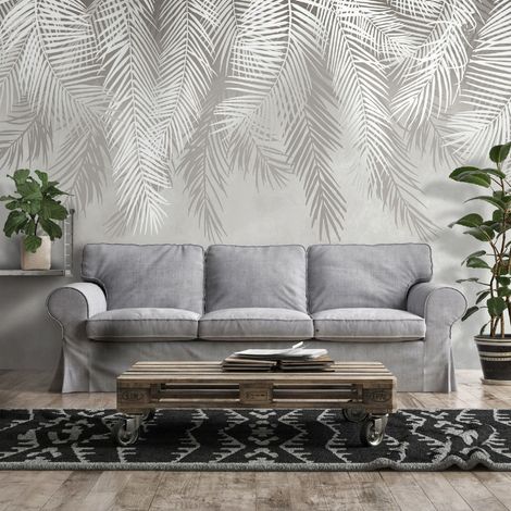 Vlies Fototapete Blätter 250x175 cm, Tapeten, für Wohn und Schlafzimmer, Vliestapete Wandtapete Tapete 3D Effekt - Palmenblätter Blätter weiß grau botanisch, WallArena (1/4)