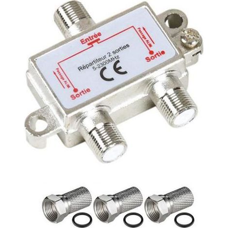 Pack répartiteur antenne TV 1 entrée 2 sorties 5-2300 MHz – Fiches F argent incluses – Amplification signal pour réception optimale – M-E