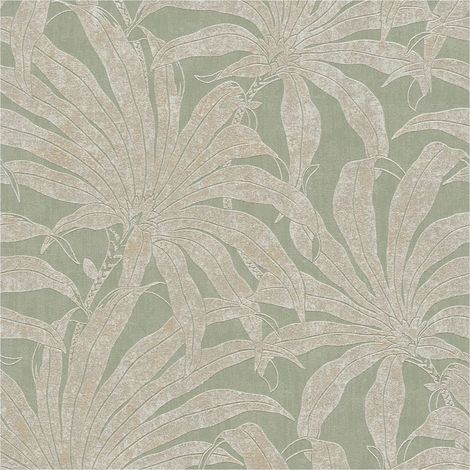 Papel pintado naturaleza Profhome 395012 papel pintado no tejido texturado con dibujo de jungla y acentos metálicos verde oro plata blanco 5,33 m2