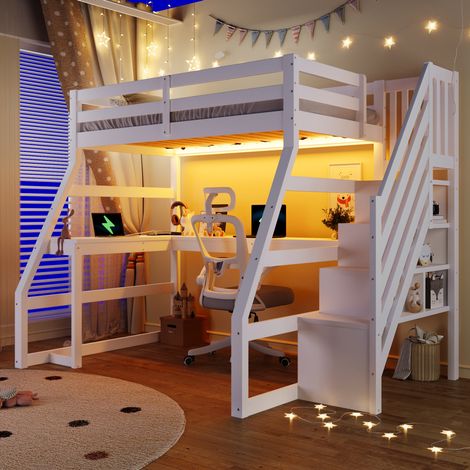 Hochbett 90x200 mit Schreibtisch und Stauraumtreppe OKMYHOME (1/5)