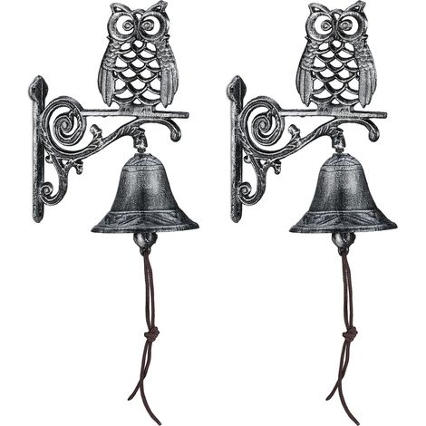 2 x Türglocke Gusseisen, Eule, antiker Landhausstil, mit Kordel, wetterfest, Wandglocke Haustür, Gartendeko, silber