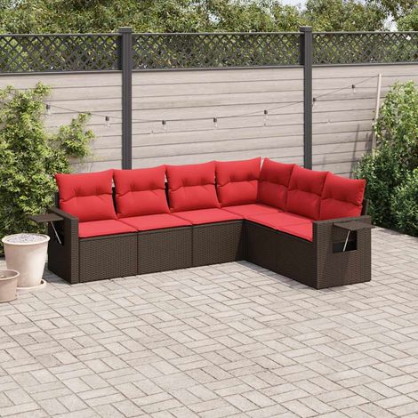 Ensemble canapé de jardin 6 pièces en rotin PE marron avec coussins rouges, 48.54kg - PANGIVO (1/5)