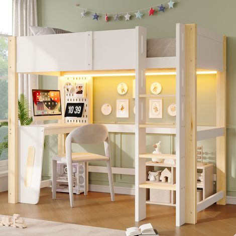 Lit superposé pour enfant 90x200 cm en bois de pin, bureau, prise USB/Type-C, LED, sans matelas, blanc (1/5)