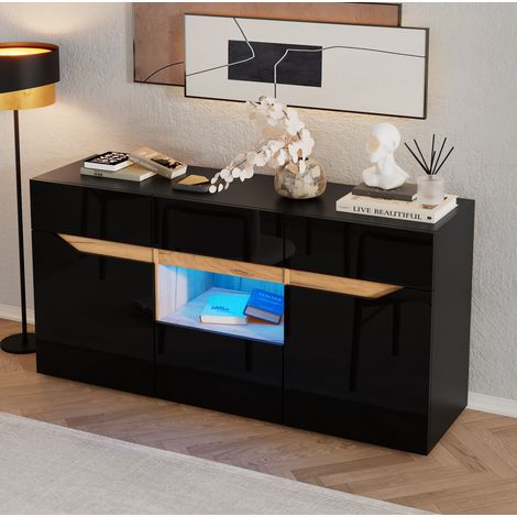 Aparador mueble LED 4 cajones 140 cm negro OKMYHOME (1/5)