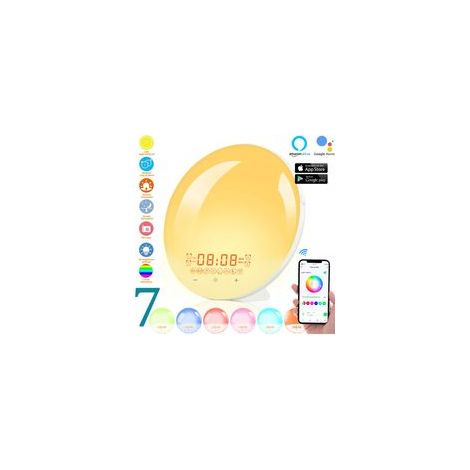 Intelligenter WLAN-LED-Wecker mit Tageslicht, FM-Radio, Nachttischlampe, Geschenk für Kinder und Erwachsene, Alexa-App und Fernbedienung – Crezuo