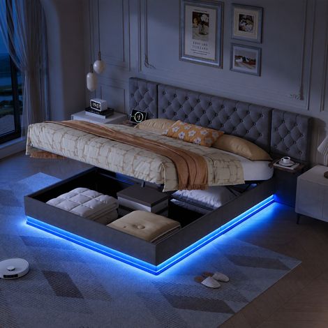 JOOKGBD-Letto a contenitore matrimoniale 140x200cm in lino grigio con grande testiera vintage LED RGB ricarica wireless 15W USB USB-C stoccaggio idraulico rete a doghe adulti (1/5)