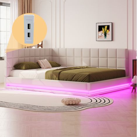 Schlafsofa 160x200 cm beige aus Leinen mit LED-Beleuchtung, USB-Anschluss und Lattenrost (1/5)