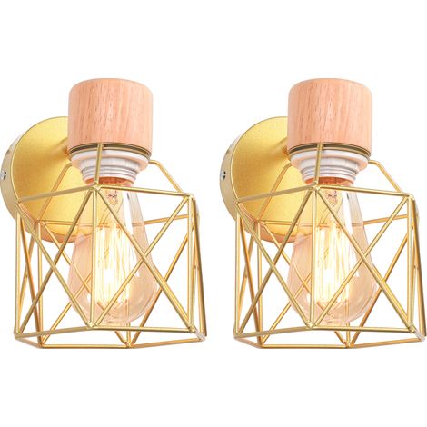 (2X) Applique Murale Rétro Moderne Lampe Murale Nordique Applique Murale En Bois Métal Applique Murale Vintage Ampoule E27 (Or)
