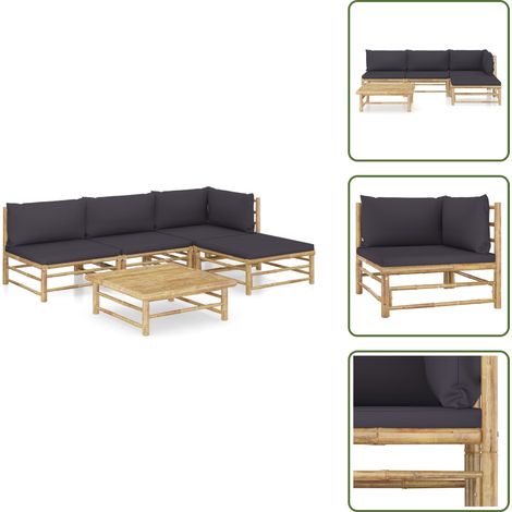 Tumbonas de jardín - vidaXL Set de muebles de jardín 5 piezas bambú con cojines gris oscuro - Sofás de jardín