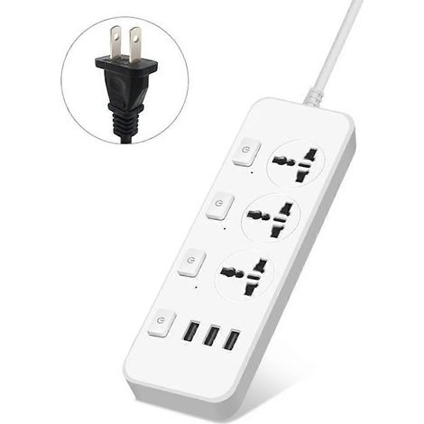 Multiprise 5V 2.1A Protecteur de Surtension avec 3 Ports USB et 3 Prises Prise Adaptateur Secteur Charge Rapide Blanc EU/US (1/4)