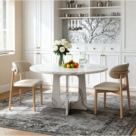 Ensemble de repas modulaire rond avec table MDF aspect marbre blanc Ø120 cm et 2 chaises en chêne (1/5)