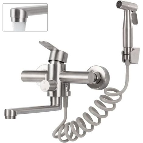 Rubinetto da cucina a parete, miscelatore da cucina a parete con pistola a spruzzo, miscelatore girevole a 360°, beccuccio girevole da 23 cm, acciaio inossidabile spazzolato (1/4)