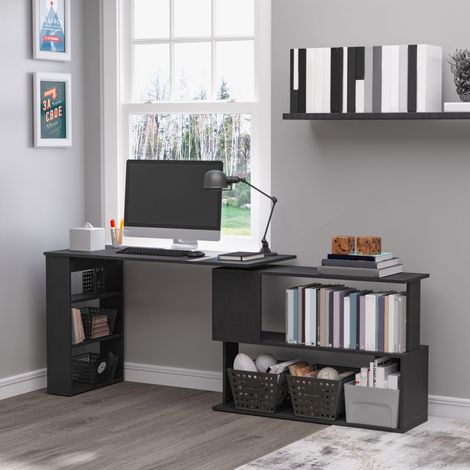 Scrivania Angolare con Piano Girevole a 360° e 5 Ripiani, 120x110x74.5 cm, Nero