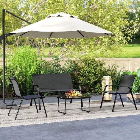Gartenmöbel-Set mit 2-Sitzer-Sofa, 2 stapelbaren Sesseln und Glas-Couchtisch, Schwarz