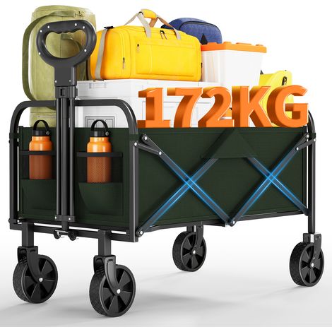 Chariot de jardin pliable 220L Transport robuste à grandes roues tout-terrain Poignée réglable Poches latérales Porte gobelets Capacité 172kg Tissu Oxford 600D - Vert