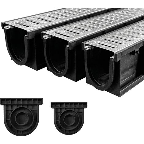 Lot de 3:1000x155x140mm Caniveau extérieur en PEHD avec Grille en Acier galvanisé, A15 caniveau terrasse en PEHD avec Grille en Acier galvanisé, 3m, pour allée, Jardin, Garage, Cour (1/5)