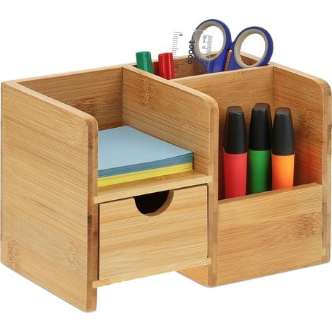 Organiseur de bureau, tiroir et surface, 2 compartiments, bambou, porte-crayons, HLP : 14x20,5x13 cm, nature (1/5)