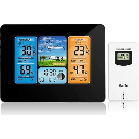 Station météo sans fil numérique avec horloge couleur, capteur extérieur, thermomètre intérieur/extérieur, date et température, écran LCD lumineux (1/3)