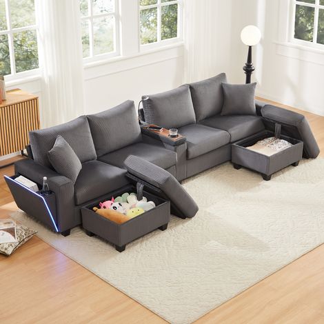 Canapé en velours côtelé forme U avec 2 tabourets, lampe, étagère, USB / Type-C et LED latérales, gris, 334 x 128,5 x 81 cm (1/5)