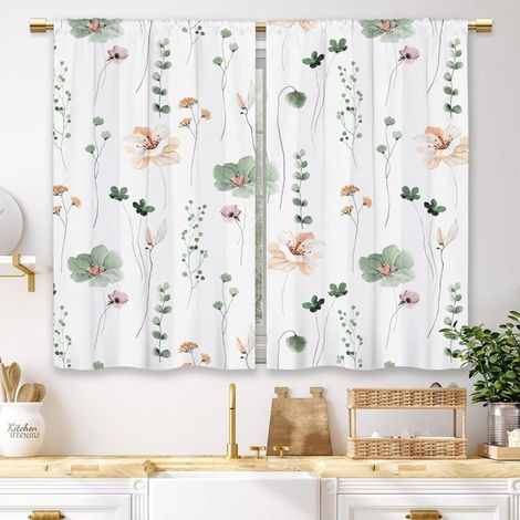 Rideaux courts à motifs de fleurs et de feuilles aquarelles vertes pour cuisine, café, salle de bain, salon, chambre (70100cm (2 pièces))