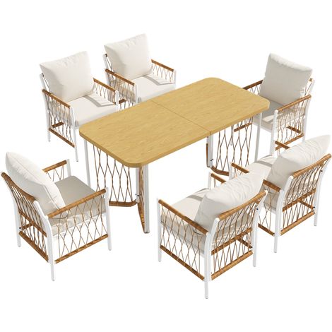 Set da pranzo da esterno 1 tavolo e 6 sedie in ferro con cuscini beige e piano effetto legno (1/5)