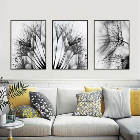 Lot de 3 images sur toile - Noir et blanc - Fleurs de pissenlit - Décoration pour salon et chambre à coucher - Sans cadre - B, 40 x 60 cm (1/5)