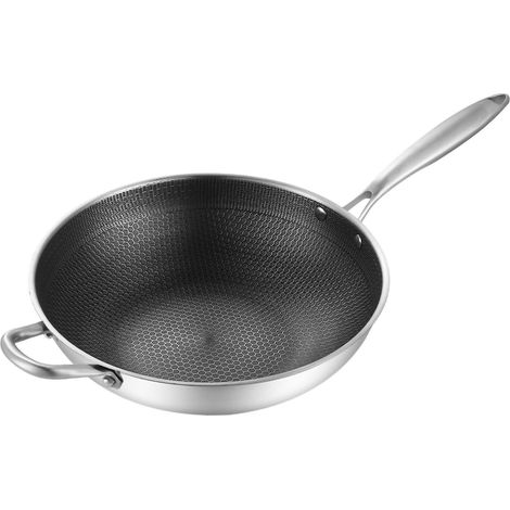 Stainless Steel Wok Pan Double Sided Honeycomb 3 Layer Prevent Sticking Easy Cleaning Wok for Kitchen 34cm/13.4in (No Lid and with Ears)
