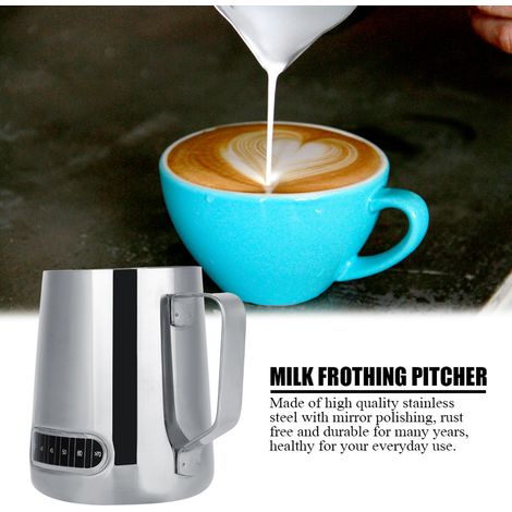 Pichet à lait en acier inoxydable 600 ml avec doseur intégré, idéal pour les tasses à expresso et les mousseurs à lait. (1/5)