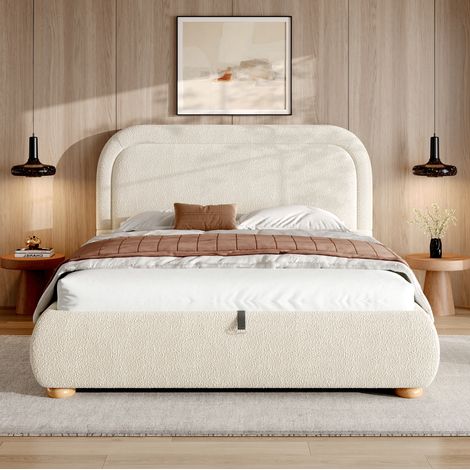 Polsterbett 140/200 cm in Beige aus Bouclé mit hydraulischem Bettkasten und Lattenrost (1/5)