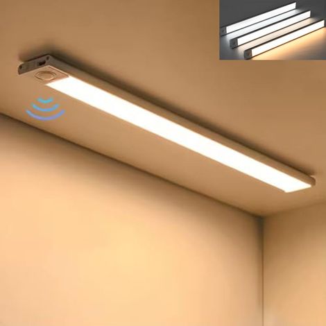 Lampe LED sans fil 40 cm pour armoire avec détecteur de mouvement, éclairage sous meuble rechargeable, veilleuse à piles, argent (1/5)