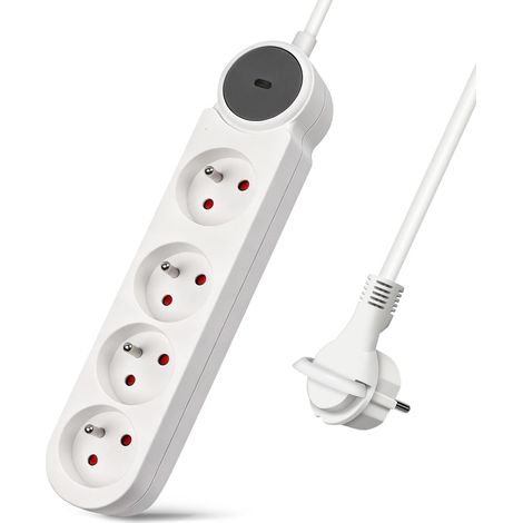 Multiprise 4 Prises avec Fiche Plate,Bloc Multiprises avec Interrupteur, Rallonge 1.5m 230 V avec sécurité Enfant pour Maison, Bureau, Blanc (1/5)