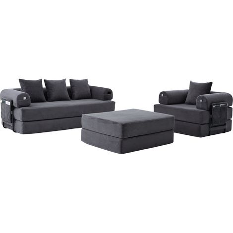Sofá modular de 4 plazas en terciopelo acanalado antracita con puf, metal y cojines (1/5)