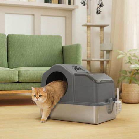 Maison de Toilette pour Chat XL Bac à Litière Fermé en Acier Inoxydable Anti Odeur avec Tapis 60,5x40,5x45 cm Gris Foncé (1/5)