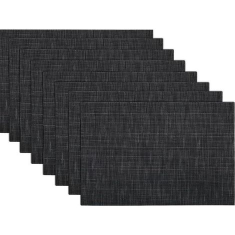 Juego de 6 manteles individuales de vinilo tejido, lavables, resistentes al calor, aptos para uso interior y exterior, color negro (1/5)