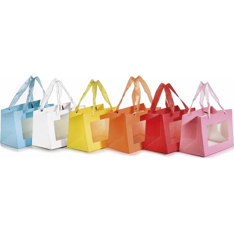 Buste piccole in carta colorata con manici in stoffa e finestra, set da 18 pezzi, cm 18 x 11 x 13,5 H