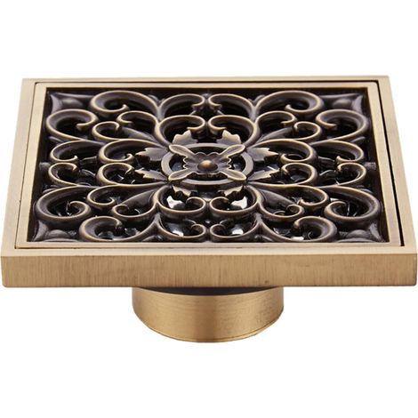 Drain de Sol Carré en Laiton Antique Filtre Robuste Anti-odeur et Anti-insectes pour Salle de Bain, et Toilettes, Style Européen Vintage (1/5)