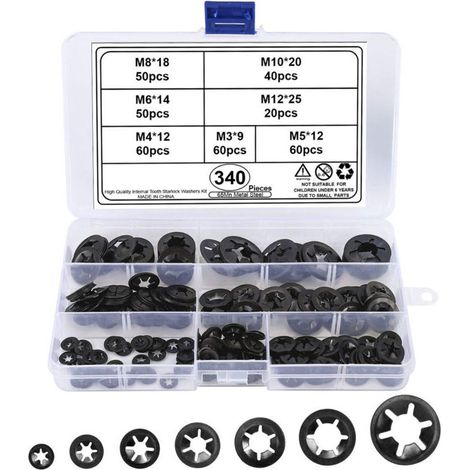 340 Pcs Rondelles, Rondelles de Blocage, Rondelles À Verrouillage, Vitesse Pousser Des Clips De Vitesse Fixations Rondelles - M3/M4/M5/M6/M8/M10/M12, Noir
