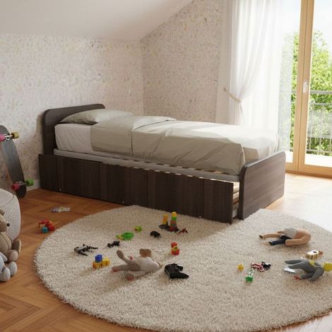 Letto singolo con letto estraibile, trasformabile in matrimoniale. Testate personalizzabili, reti in acciaio e doghe in faggio - Olmo jerez scuro