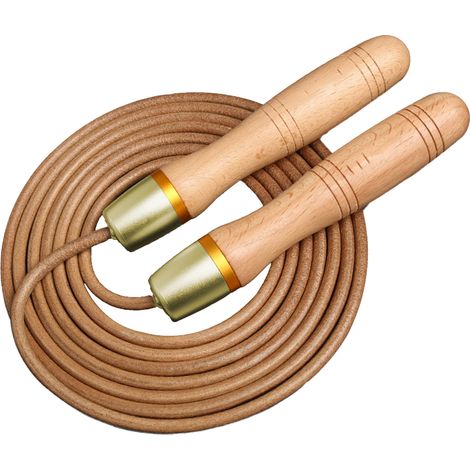 Corde à Sauter Cuir - Roulement à Billes Acier - Poignées Bois Naturel - Réglable - Pour Entraînement Fitness - 1 Pièce