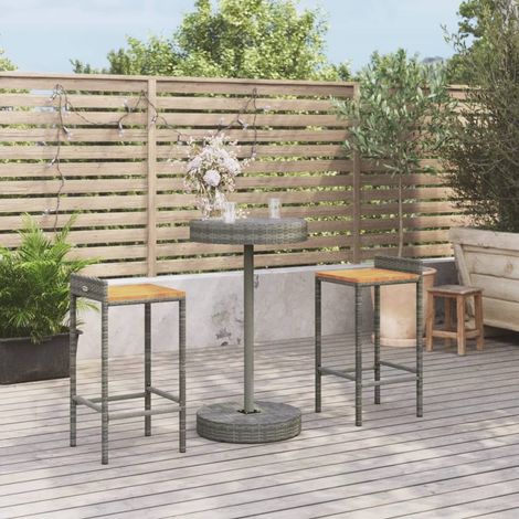 3 pcs Ensemble de bar de jardin avec coussins, Salon de jardin, Tabourets et Table gris poly rotin/bois massif acacia MKW707093 (1/5)